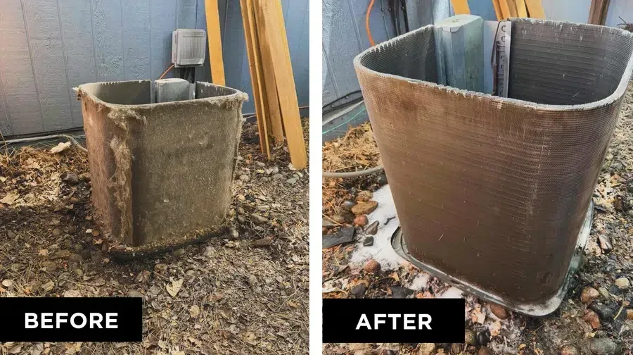 Before-and-after AC condenser cleaning by Big Cat HVAC in Colorado Springs, CO — dirty unit restored to clean condition