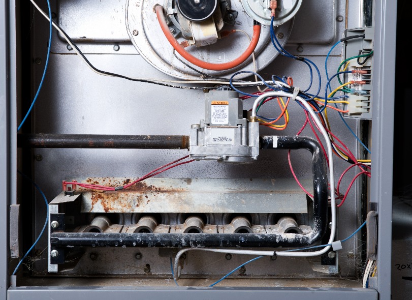 Open home furnace just ready for cleaning and repair