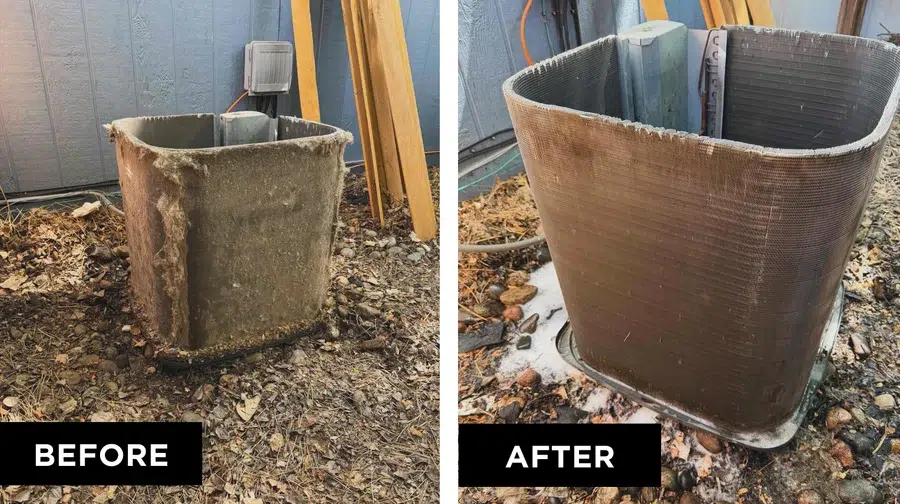 Before-and-after AC condenser cleaning by Big Cat HVAC in Colorado Springs, CO — dirty unit restored to clean condition