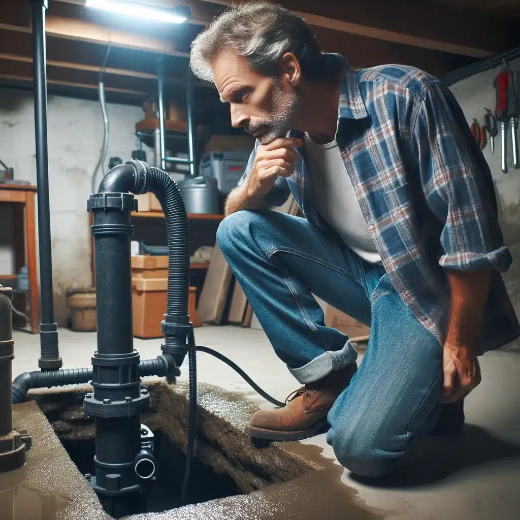 homeowner looking at sump pump in CO Springs basement