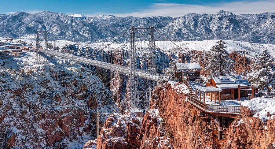 The Royal Gorge Bridge in Canon City, Colorado in winter covered in snow