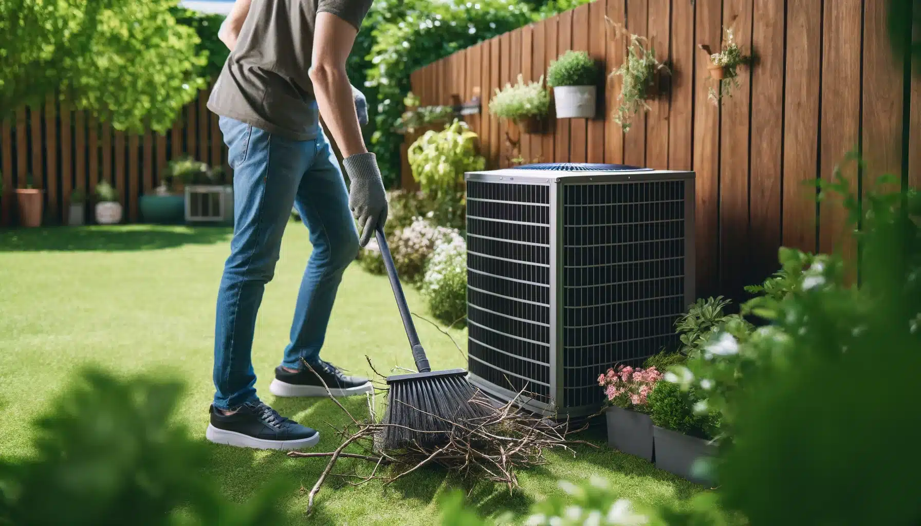 person cleaning around their outdoor air conditioning unit.