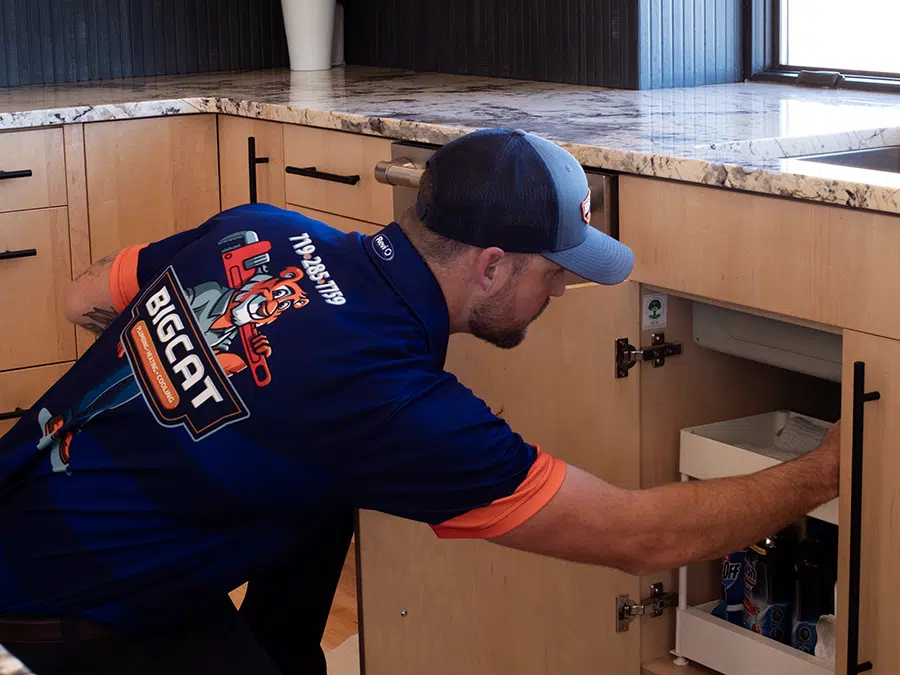 Big Cat plumber working under sink