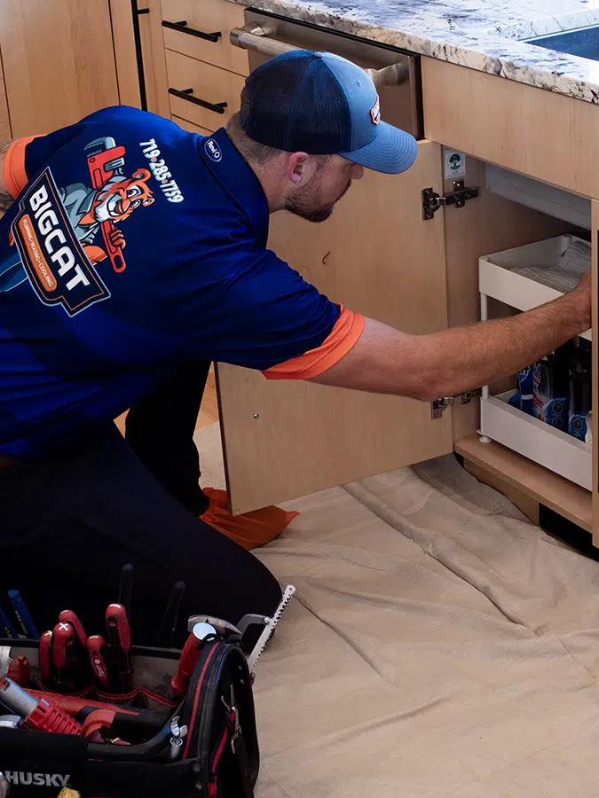 Big Cat plumber working under sink